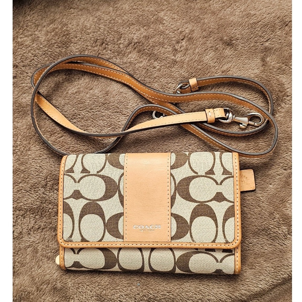 Coach Signature Canvas Trifold Wallet Crossbody Bag Khaki Brown Tan Leather - Picture 5 of 15